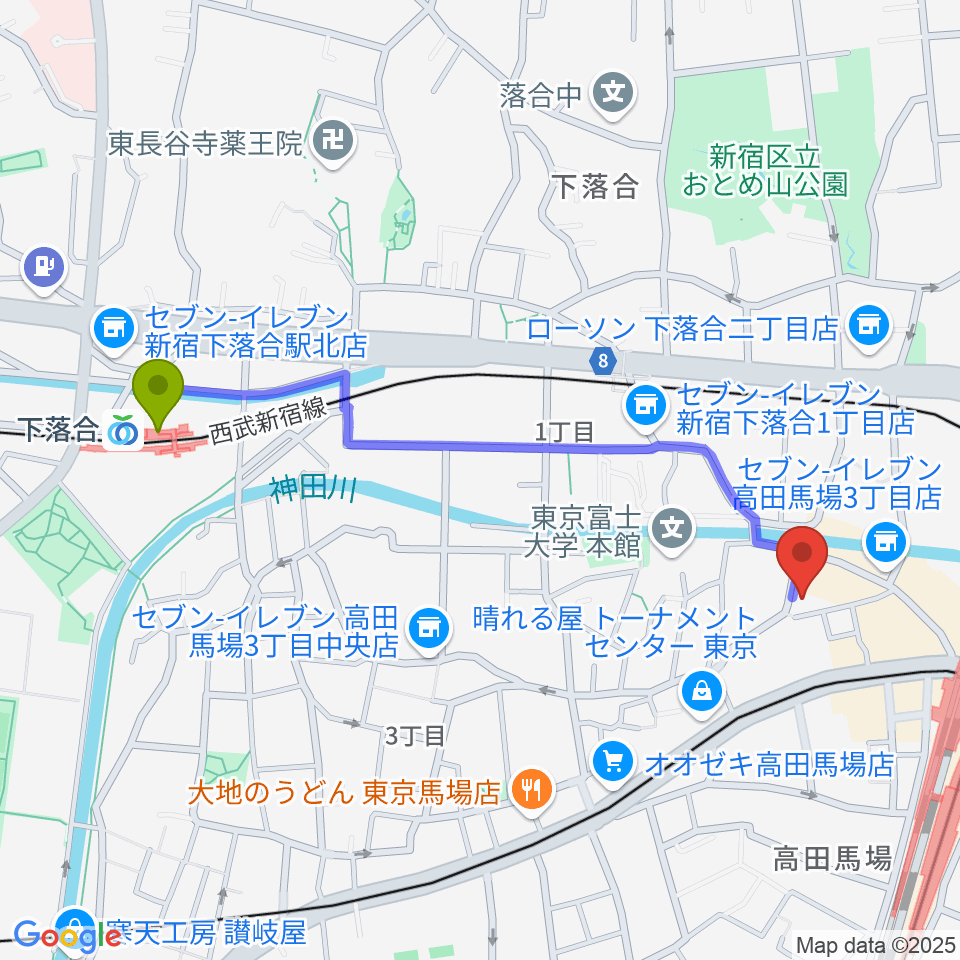 下落合駅からESPエンタテインメント東京 12号館club 1ne2woへのルートマップ地図