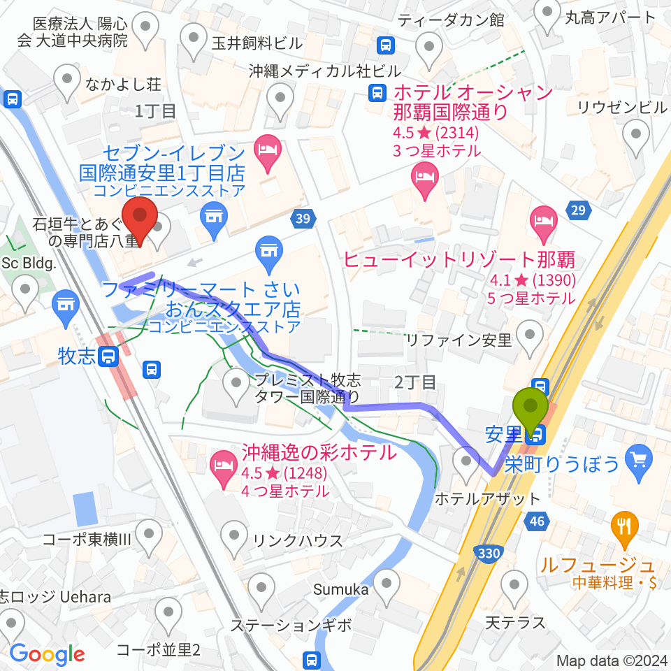 安里駅から安里fanfareへのルートマップ地図