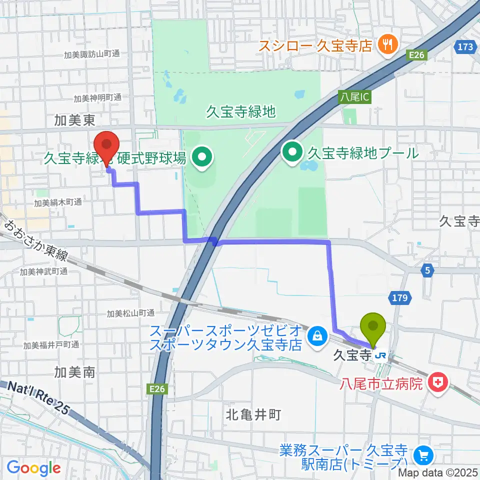 久宝寺駅からGombo Bass Guitarsへのルートマップ地図