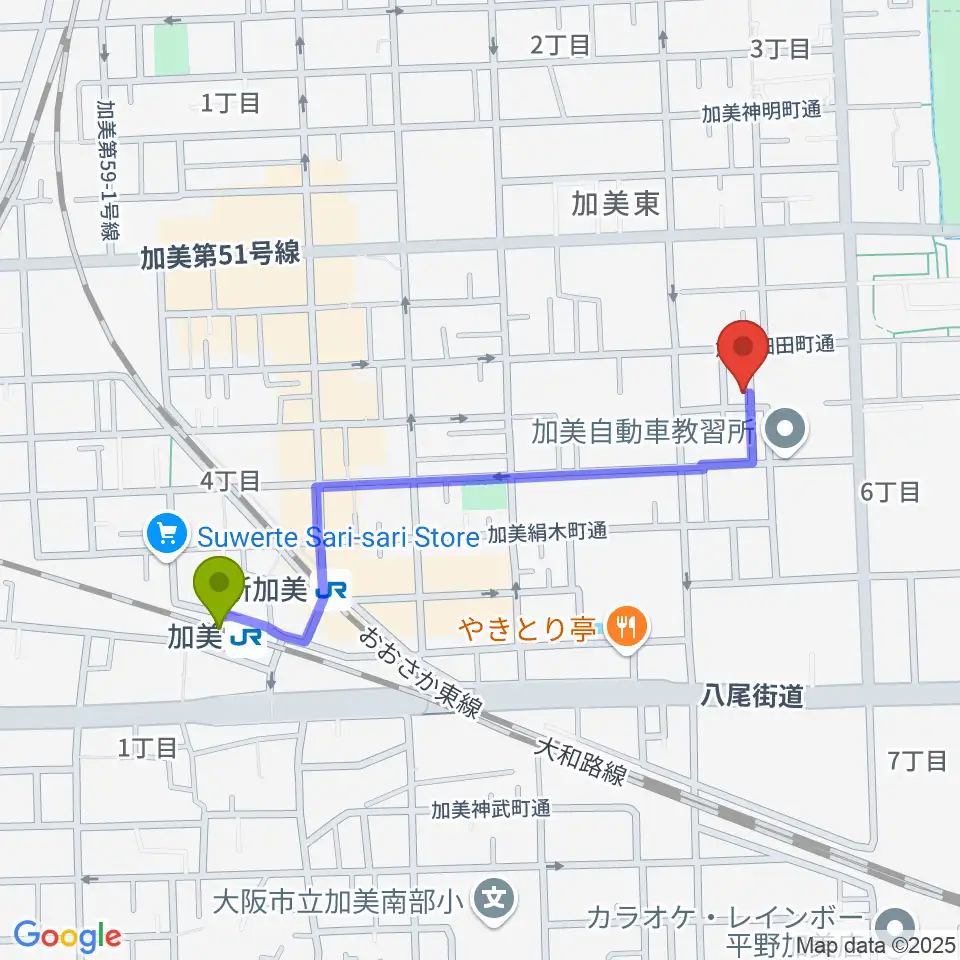 Gombo Bass Guitarsの最寄駅加美駅からの徒歩ルート（約9分）地図