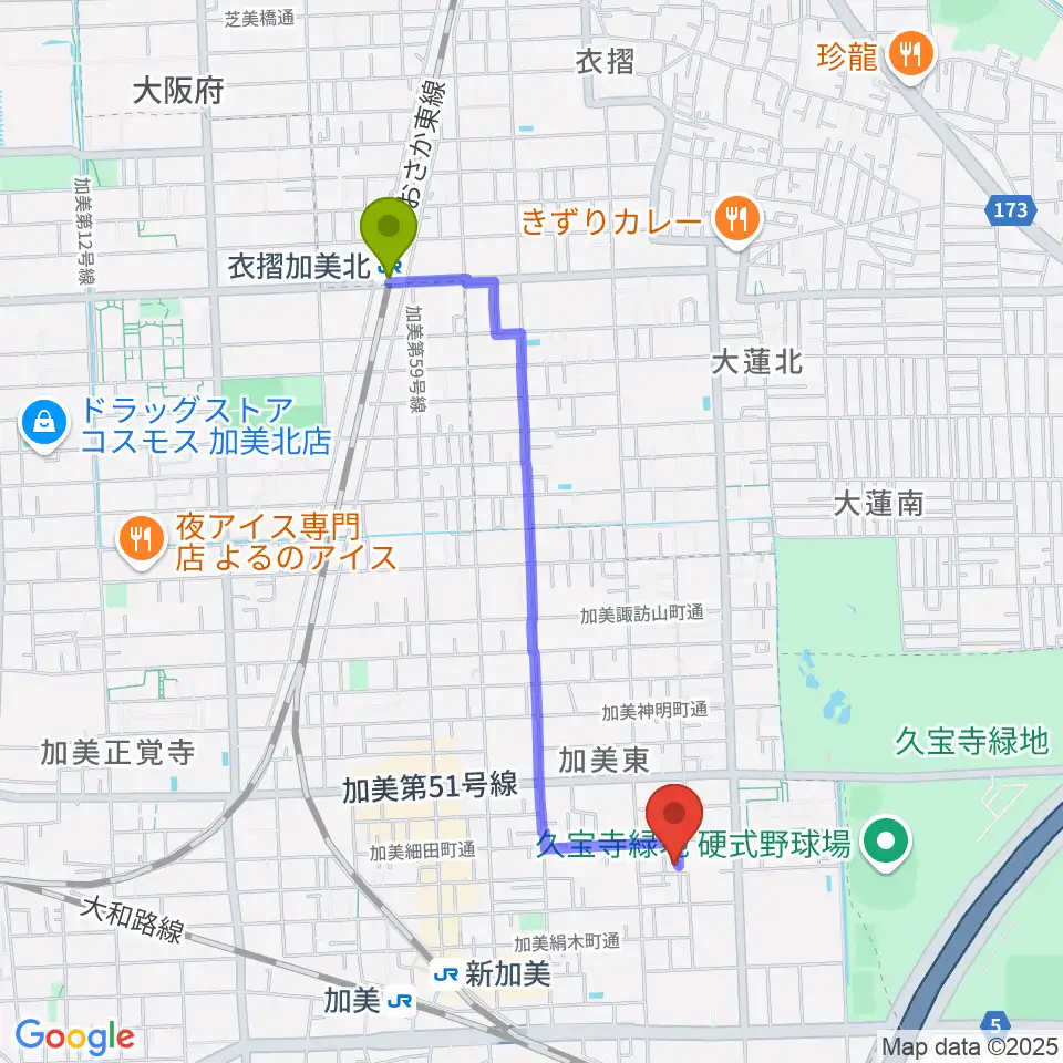 衣摺加美北駅からGombo Bass Guitarsへのルートマップ地図