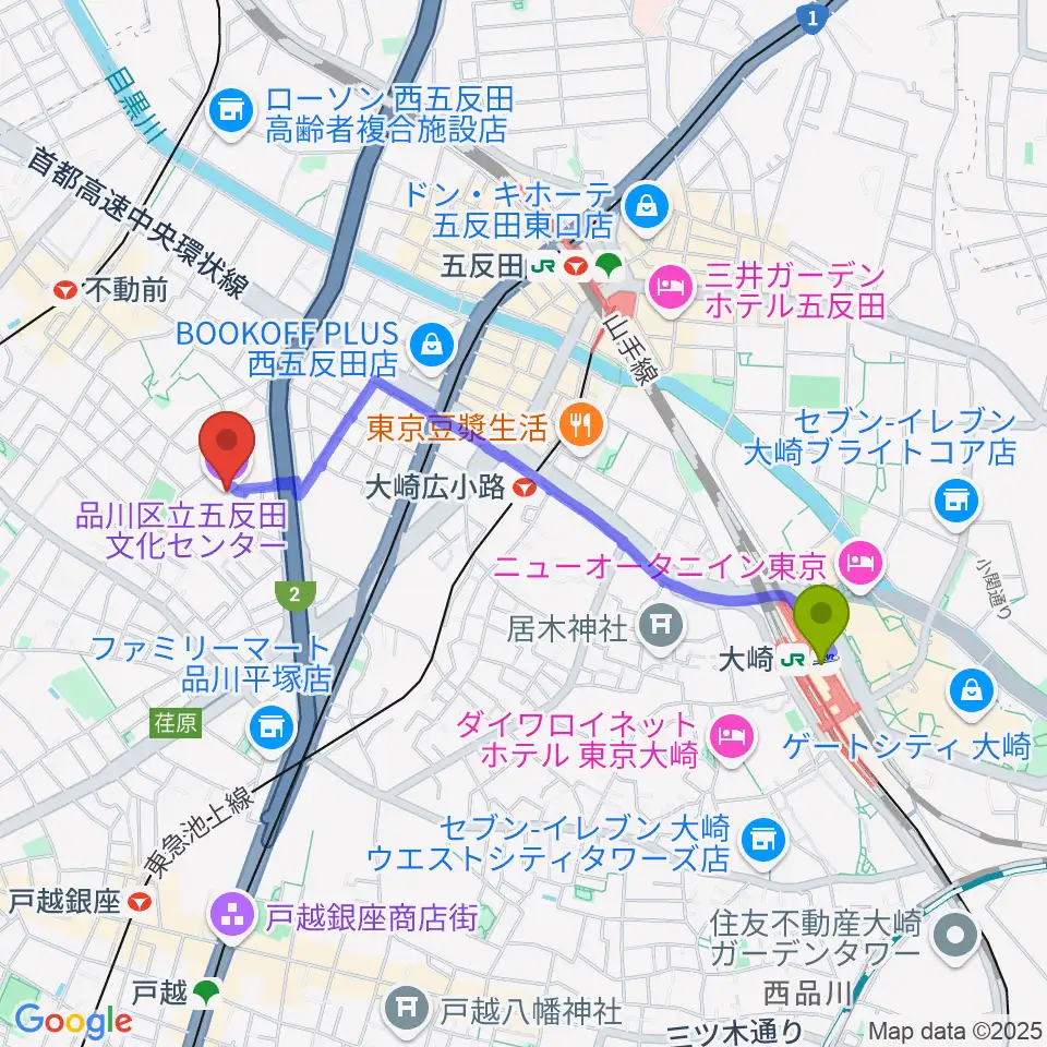 大崎駅から品川区立五反田文化センターへのルートマップ地図