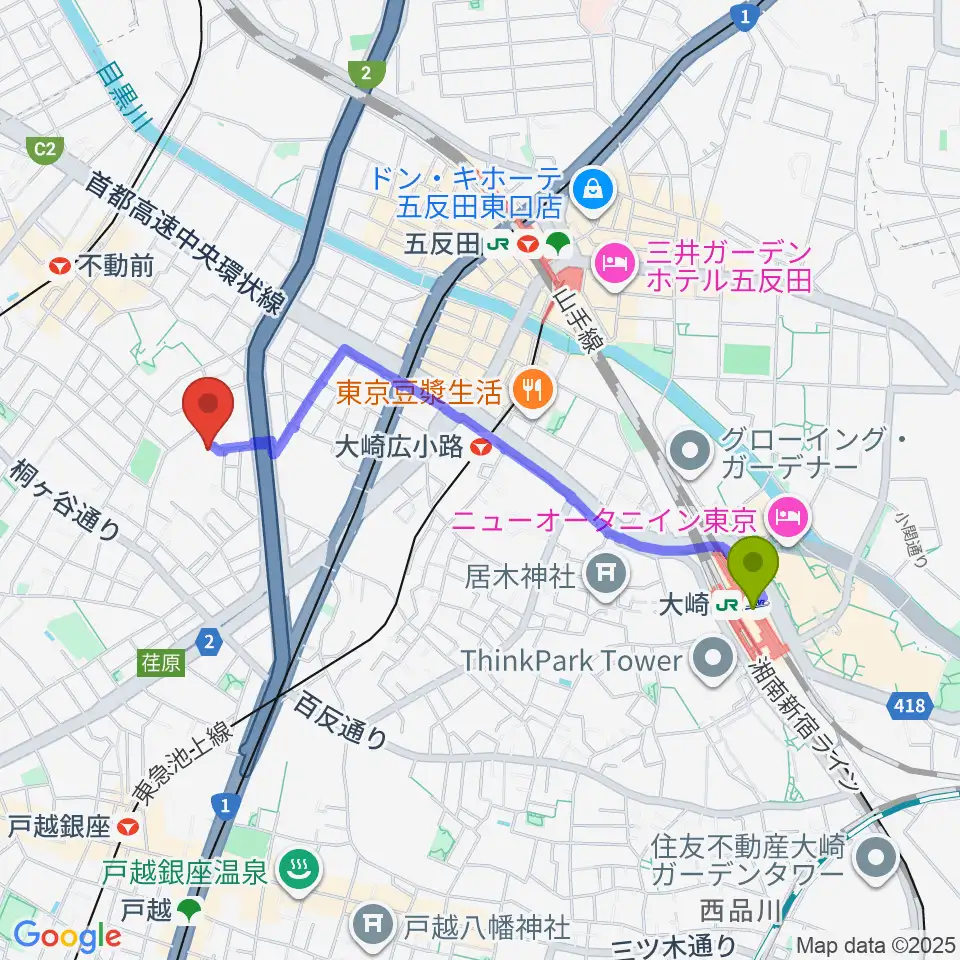 大崎駅から品川区立五反田文化センターへのルートマップ地図
