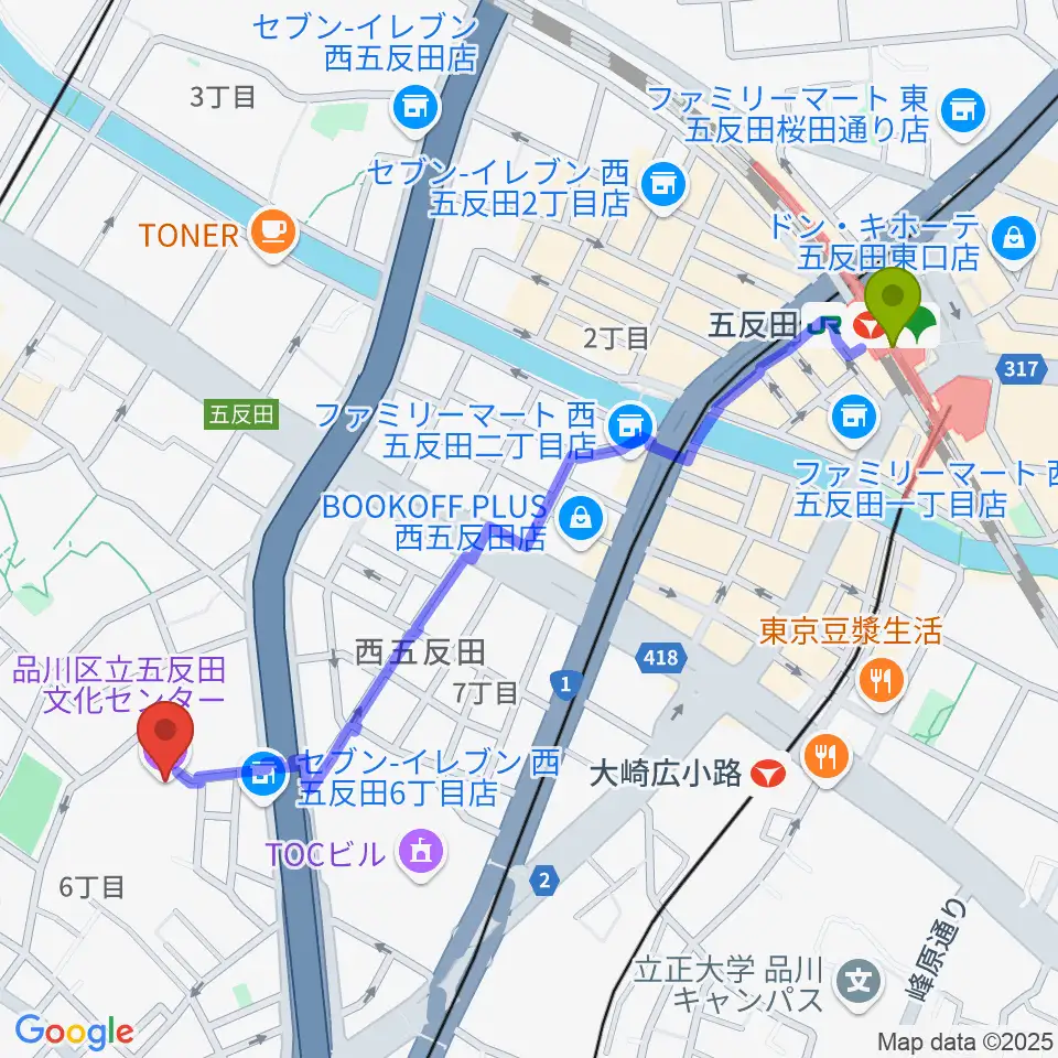 五反田駅から品川区立五反田文化センターへのルートマップ地図