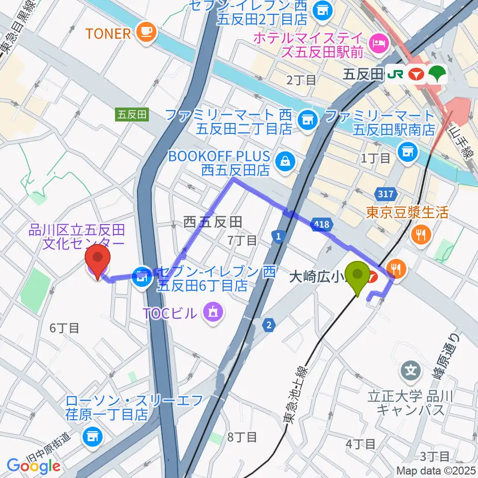 大崎広小路駅から品川区立五反田文化センターへのルートマップ地図