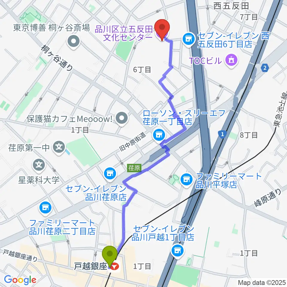 戸越銀座駅から品川区立五反田文化センターへのルートマップ地図