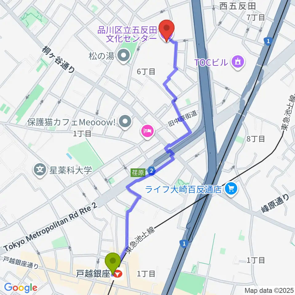 戸越銀座駅から品川区立五反田文化センターへのルートマップ地図