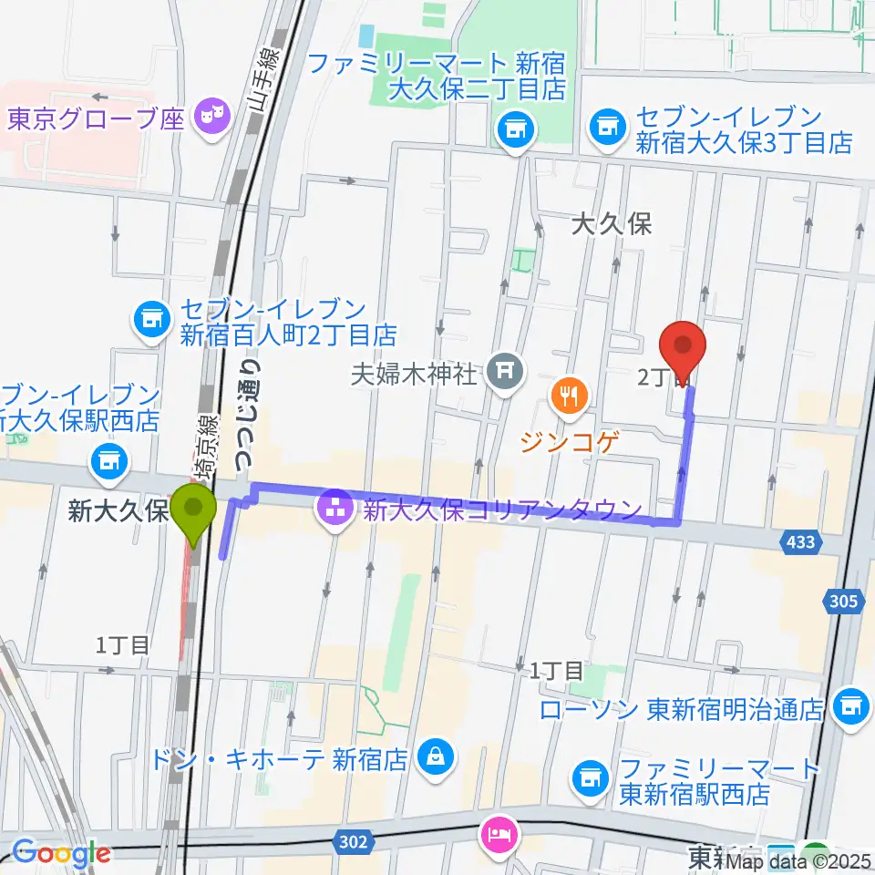 新大久保駅から音楽センターおんがく教室へのルートマップ地図