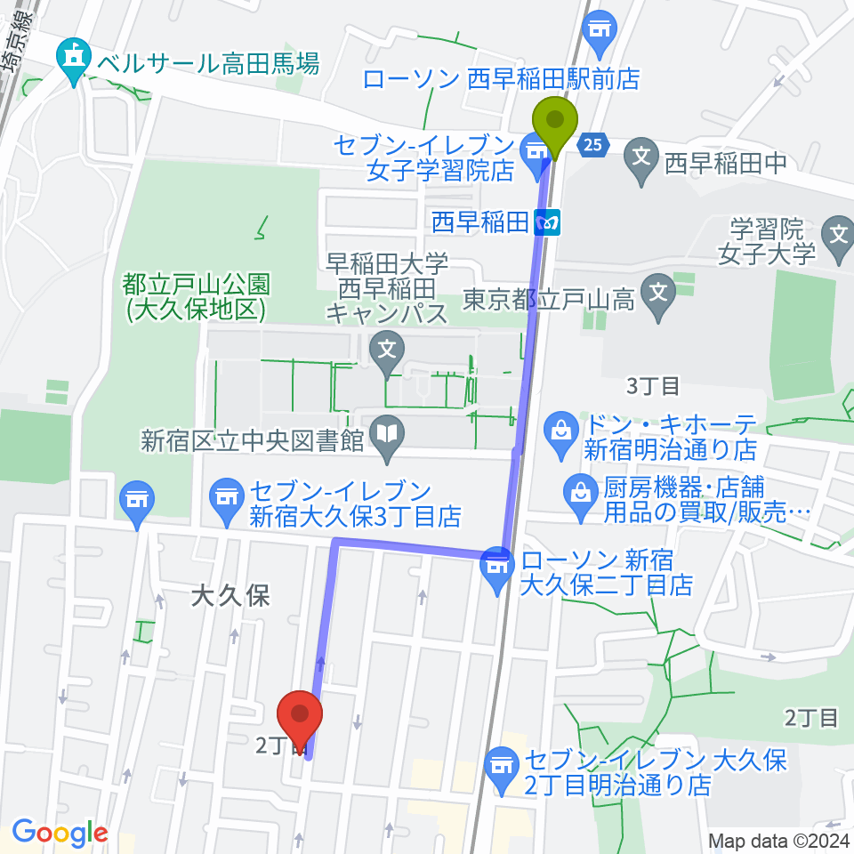 西早稲田駅から音楽センターおんがく教室へのルートマップ地図