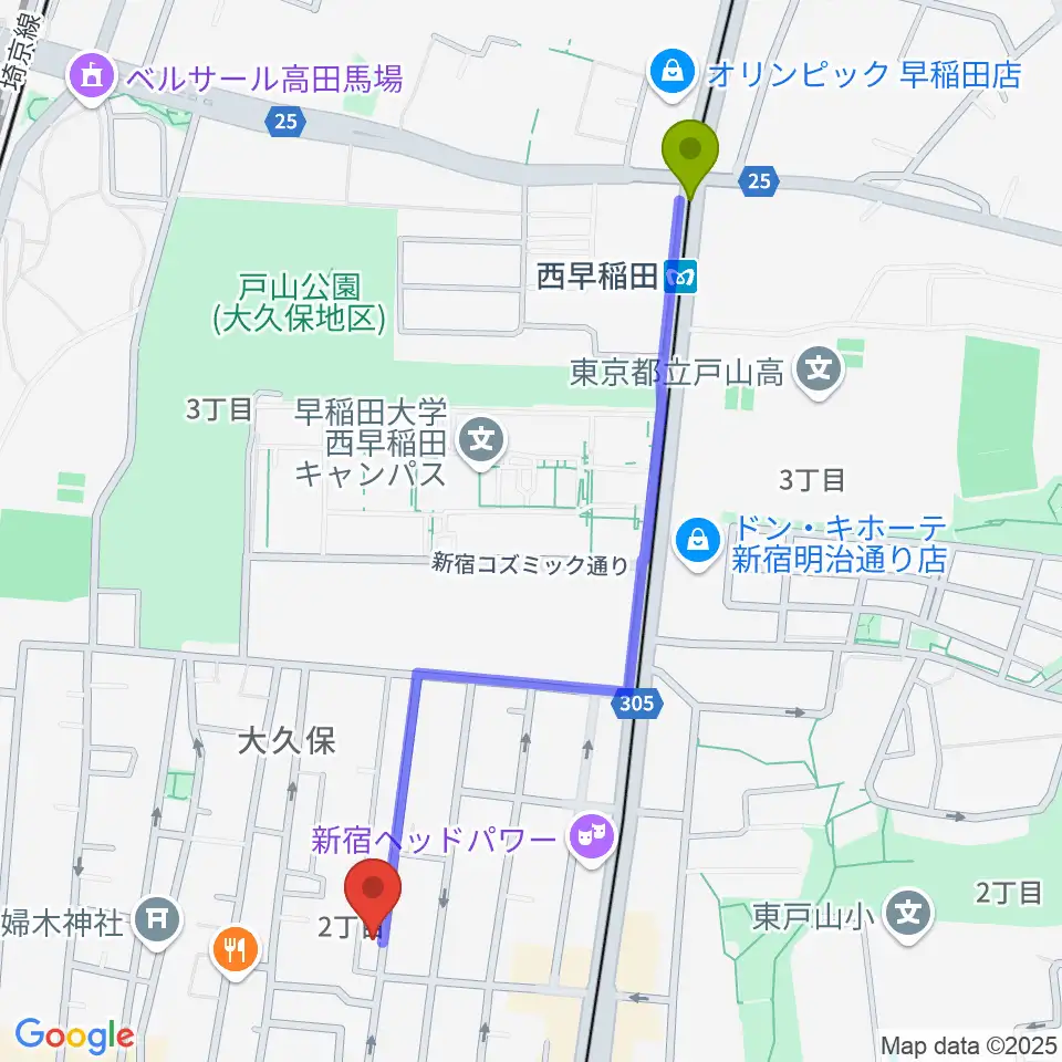 西早稲田駅から音楽センターおんがく教室へのルートマップ地図