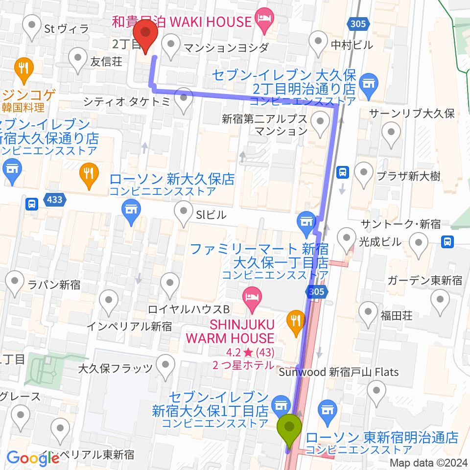 音楽センターおんがく教室の最寄駅東新宿駅からの徒歩ルート（約7分）地図
