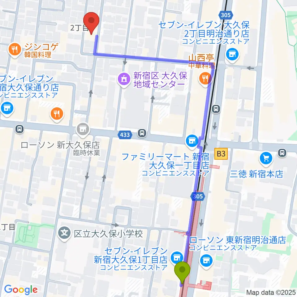 音楽センターおんがく教室の最寄駅東新宿駅からの徒歩ルート（約7分）地図