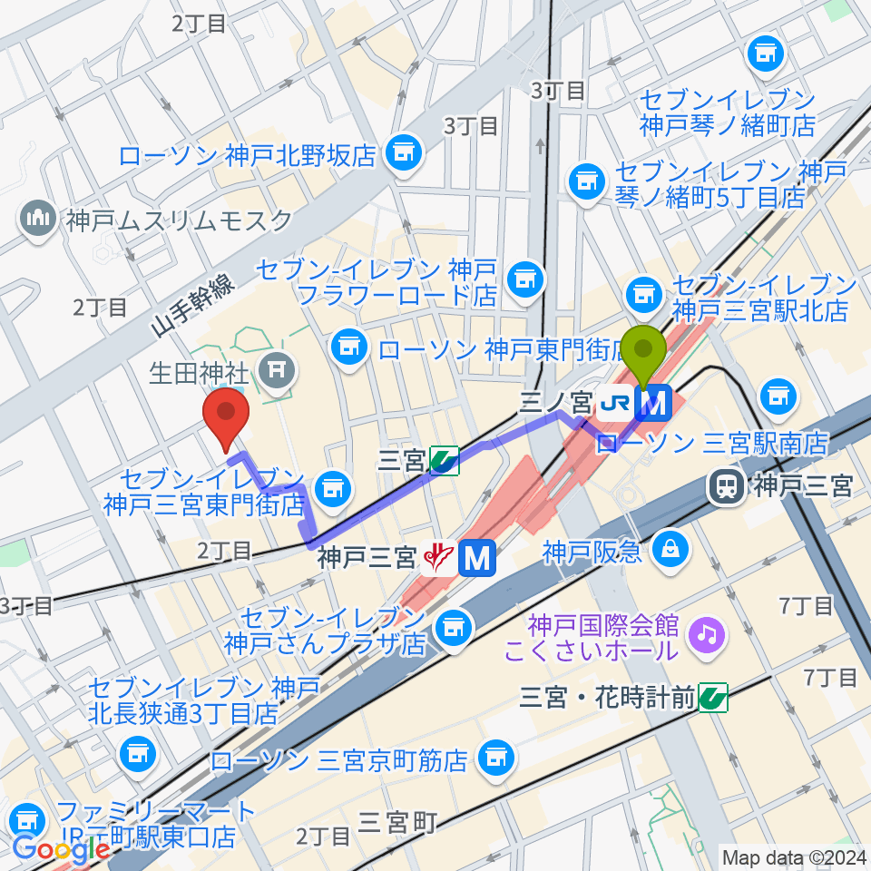 神戸チキンジョージの最寄駅三ノ宮駅からの徒歩ルート（約8分）地図