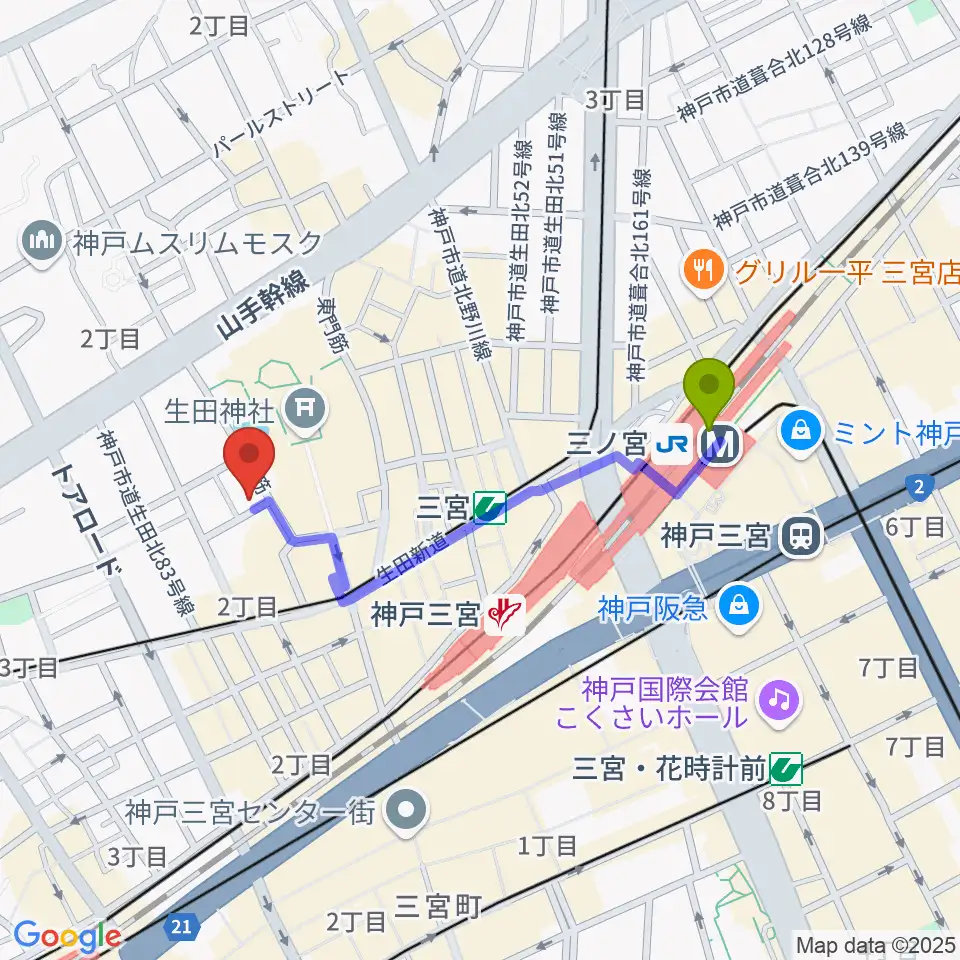 神戸チキンジョージの最寄駅三ノ宮駅からの徒歩ルート（約8分）地図
