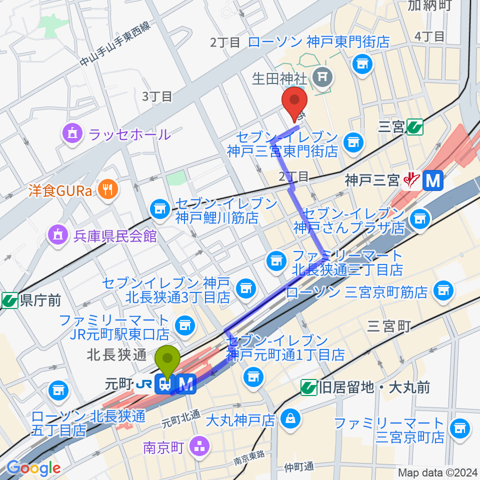 元町駅から神戸チキンジョージへのルートマップ地図