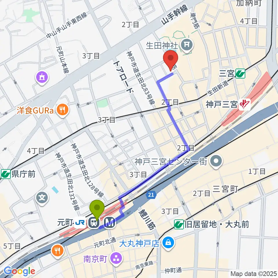 元町駅から神戸チキンジョージへのルートマップ地図