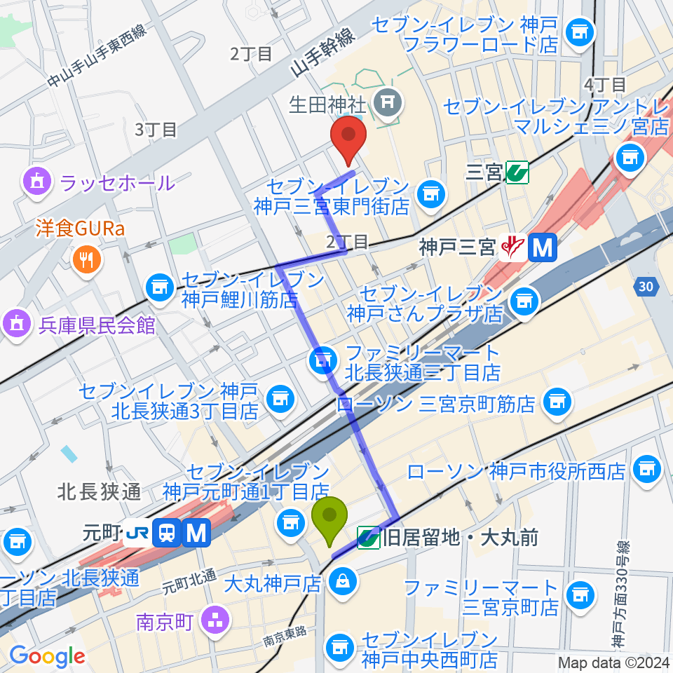 旧居留地・大丸前駅から神戸チキンジョージへのルートマップ地図