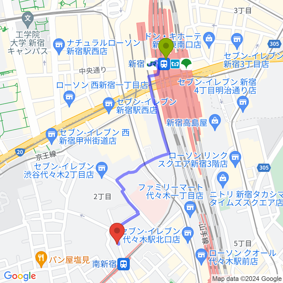 新宿駅からBC WORLDスタジオへのルートマップ地図
