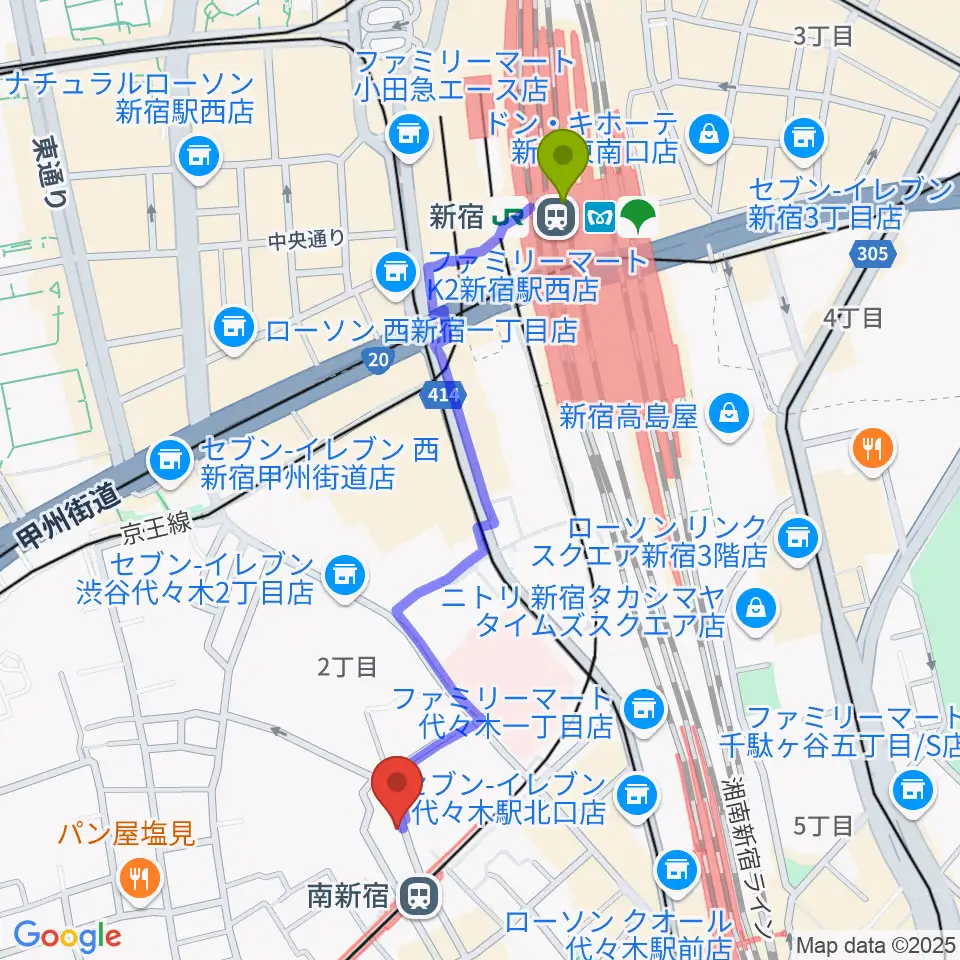 新宿駅からBC WORLDスタジオへのルートマップ地図
