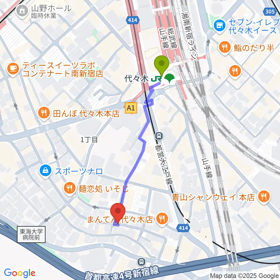 楽弓製作工房 アトリエ ハーモニーの最寄駅代々木駅からの徒歩ルート（約4分）地図