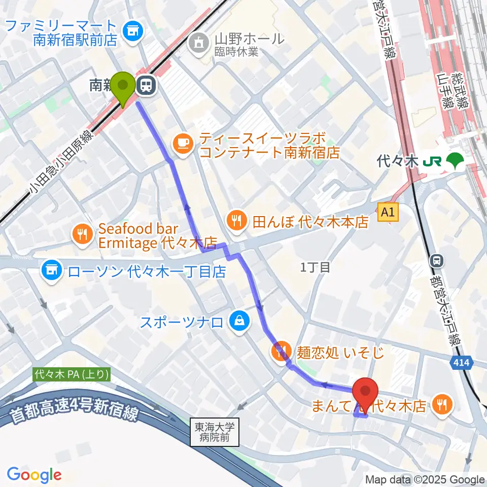 南新宿駅から楽弓製作工房 アトリエ ハーモニーへのルートマップ地図