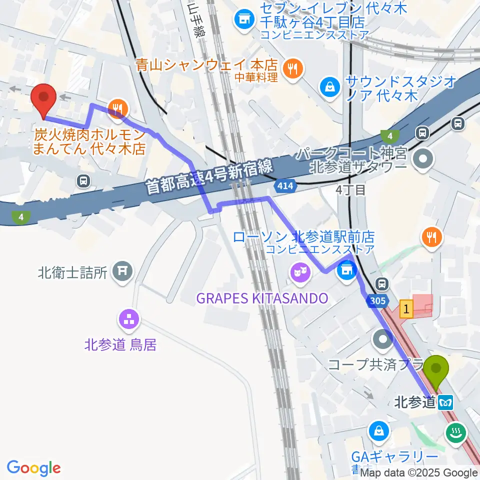 北参道駅から楽弓製作工房 アトリエ ハーモニーへのルートマップ地図