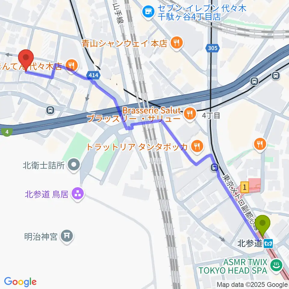 北参道駅から楽弓製作工房 アトリエ ハーモニーへのルートマップ地図