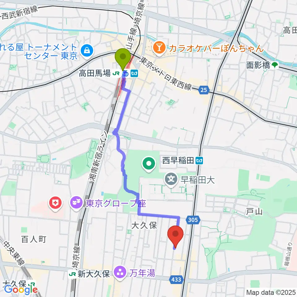 高田馬場駅からプリメラギター社へのルートマップ地図