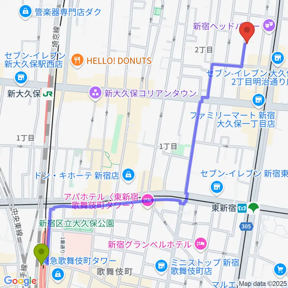 西武新宿駅からプリメラギター社へのルートマップ地図