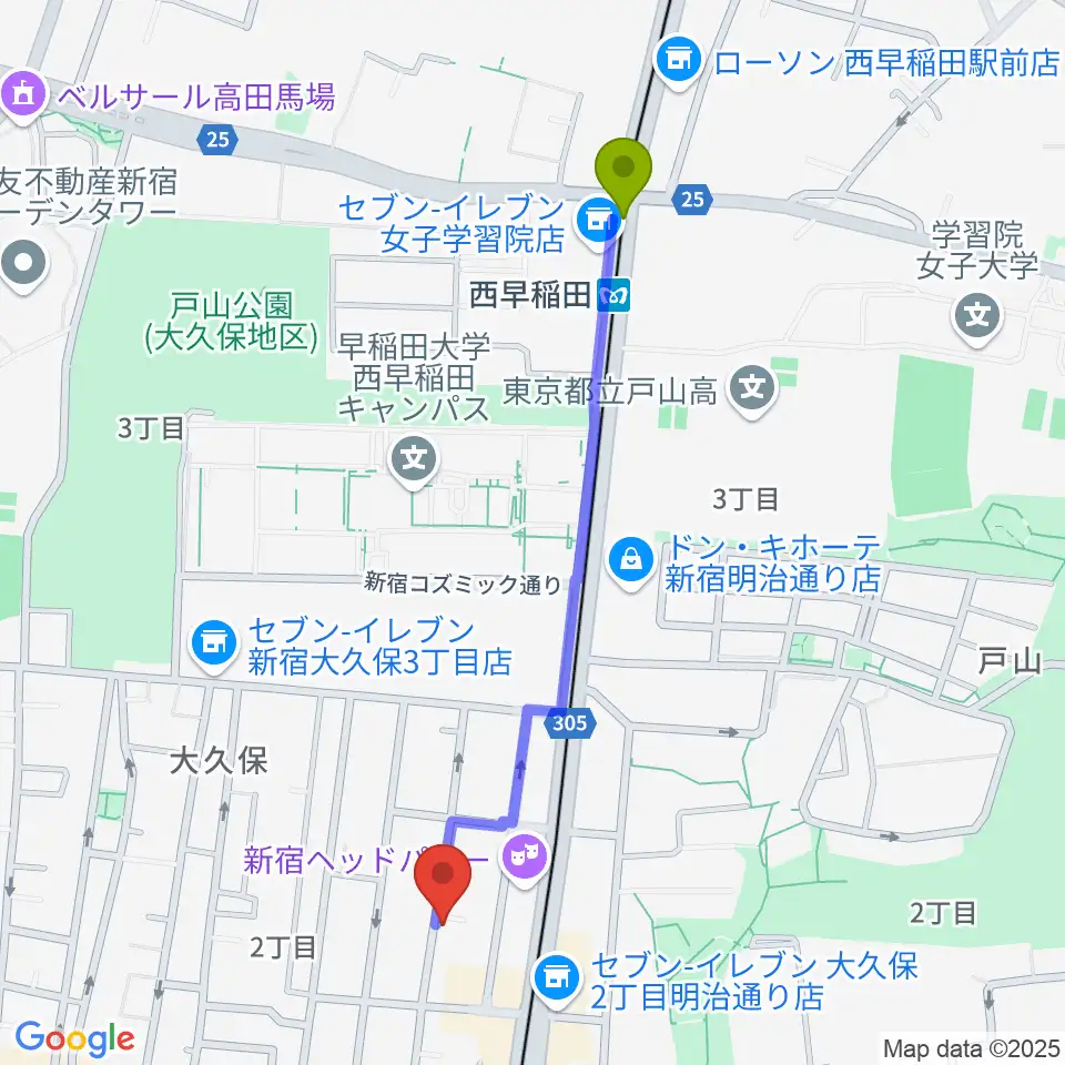 西早稲田駅からプリメラギター社へのルートマップ地図