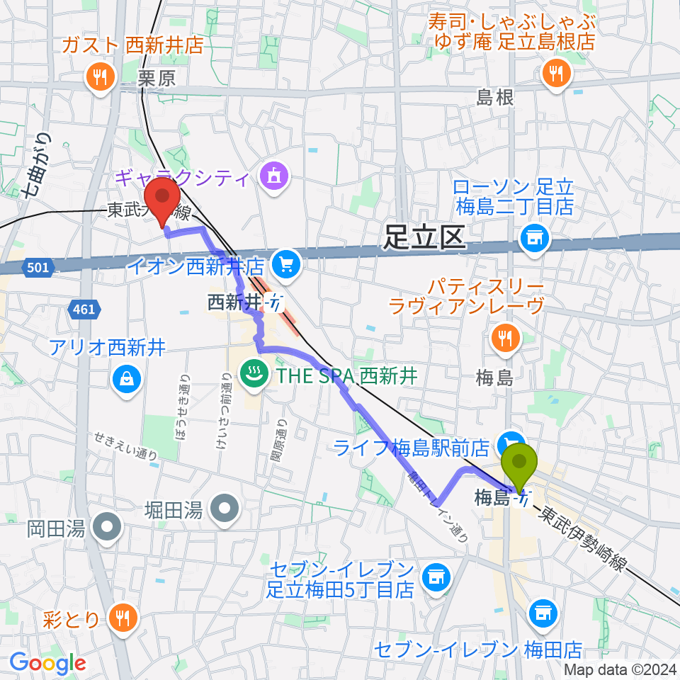 梅島駅からケン・ミュージックへのルートマップ地図