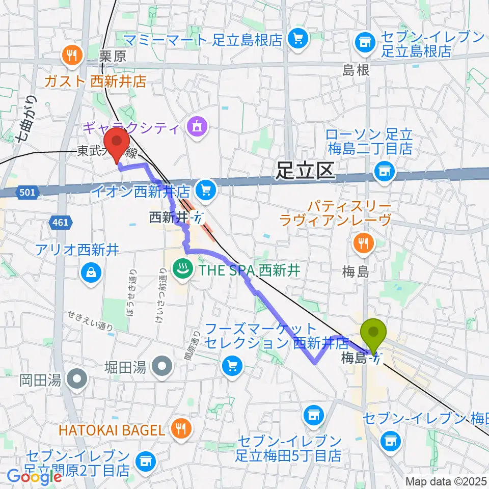 梅島駅からケン・ミュージックへのルートマップ地図