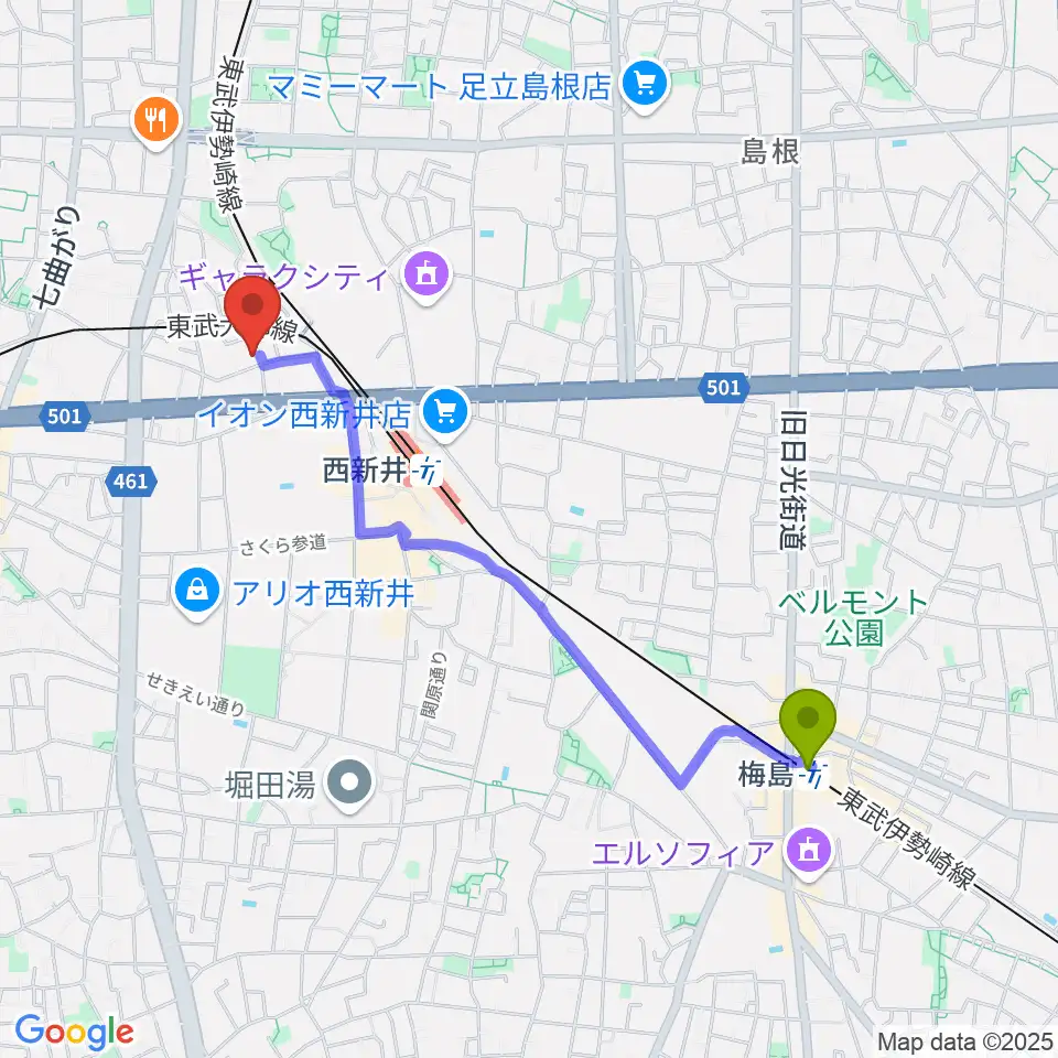 梅島駅からケン・ミュージックへのルートマップ地図