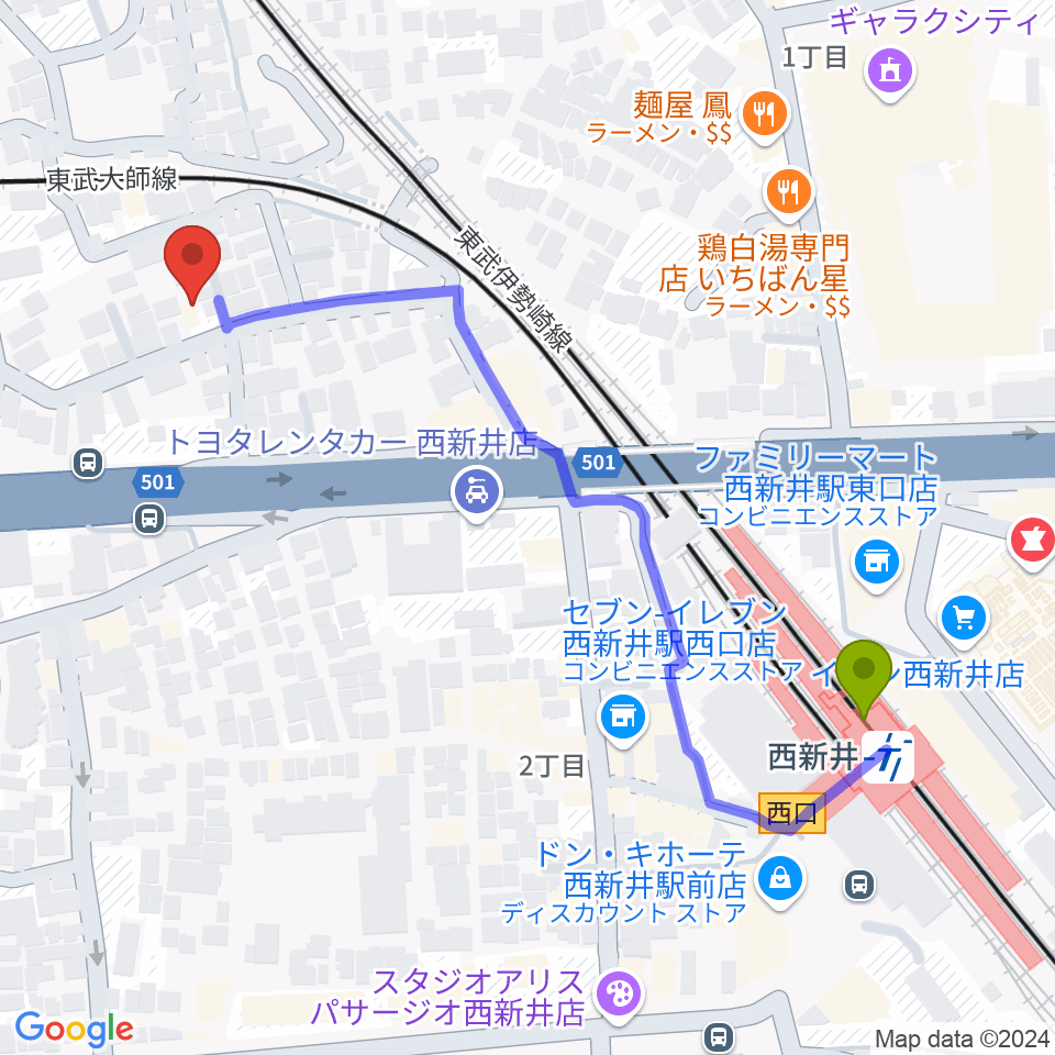 ケン・ミュージックの最寄駅西新井駅からの徒歩ルート（約6分）地図