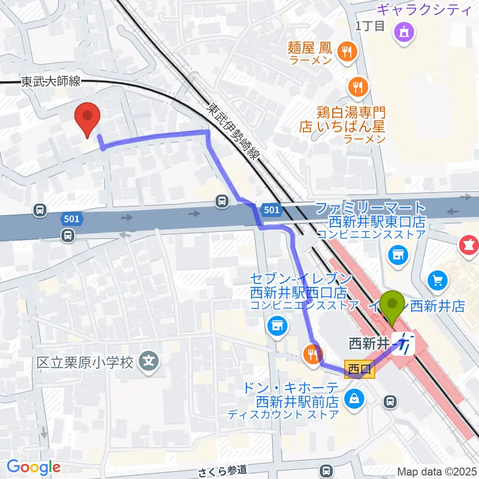 ケン・ミュージックの最寄駅西新井駅からの徒歩ルート（約6分）地図