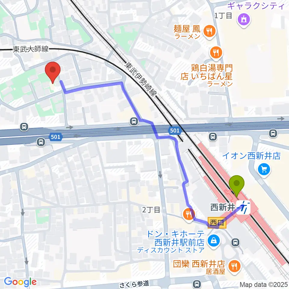 ケン・ミュージックの最寄駅西新井駅からの徒歩ルート（約6分）地図