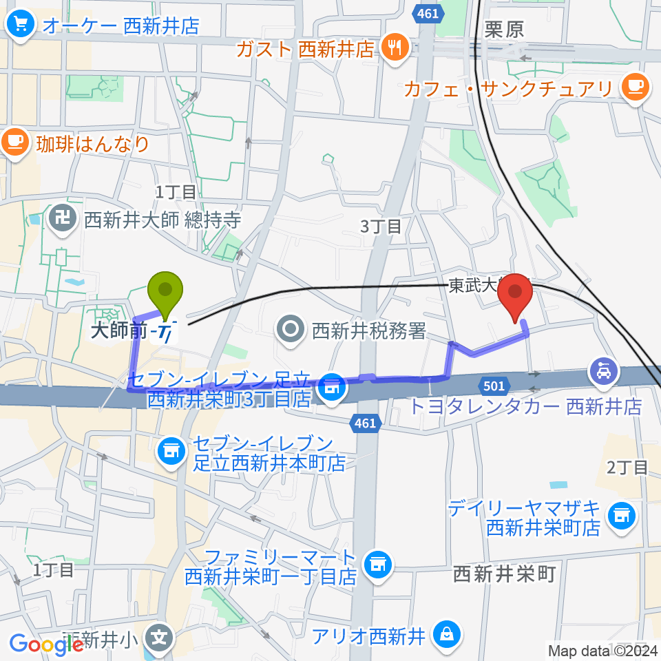 大師前駅からケン・ミュージックへのルートマップ地図