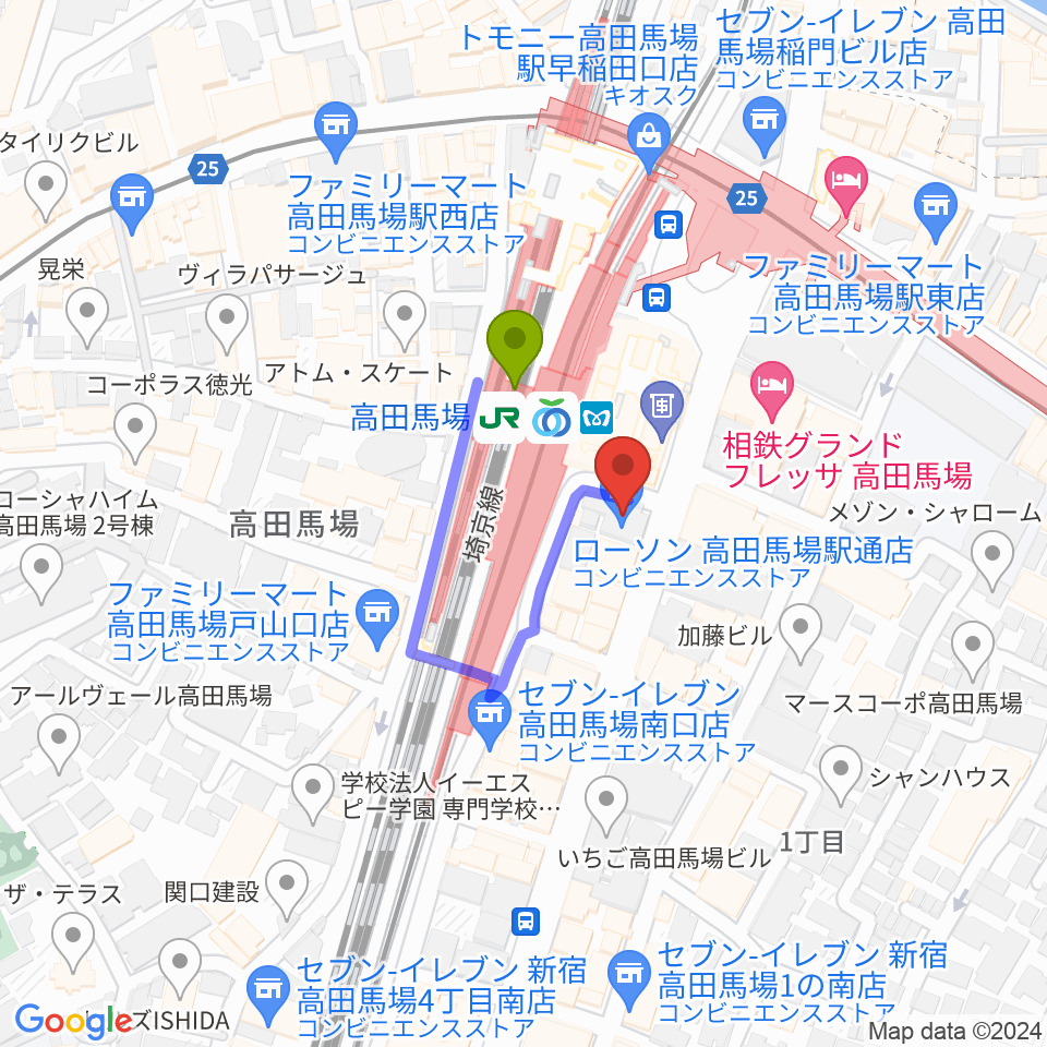 カナリアミュージックスタジオの最寄駅高田馬場駅からの徒歩ルート（約1分）地図