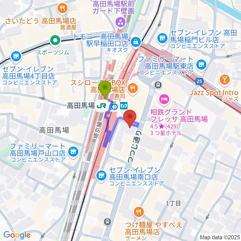 カナリアミュージックスタジオの最寄駅高田馬場駅からの徒歩ルート（約1分）地図