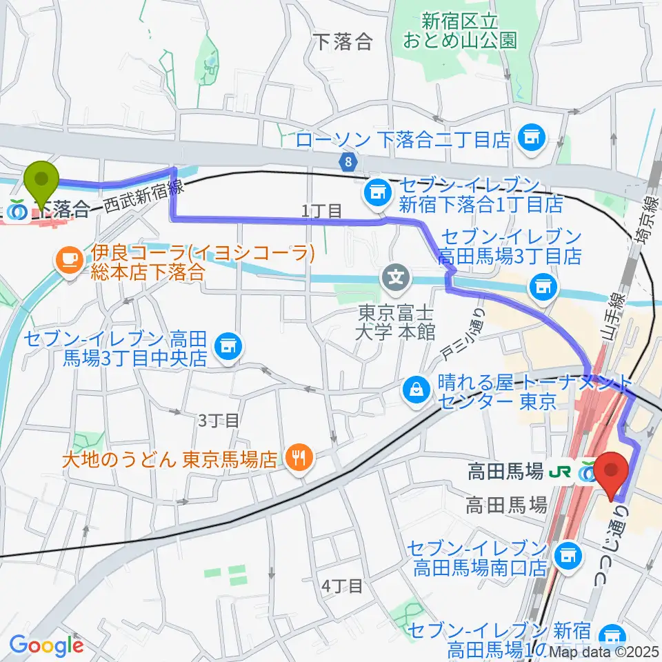 下落合駅からカナリアミュージックスタジオへのルートマップ地図