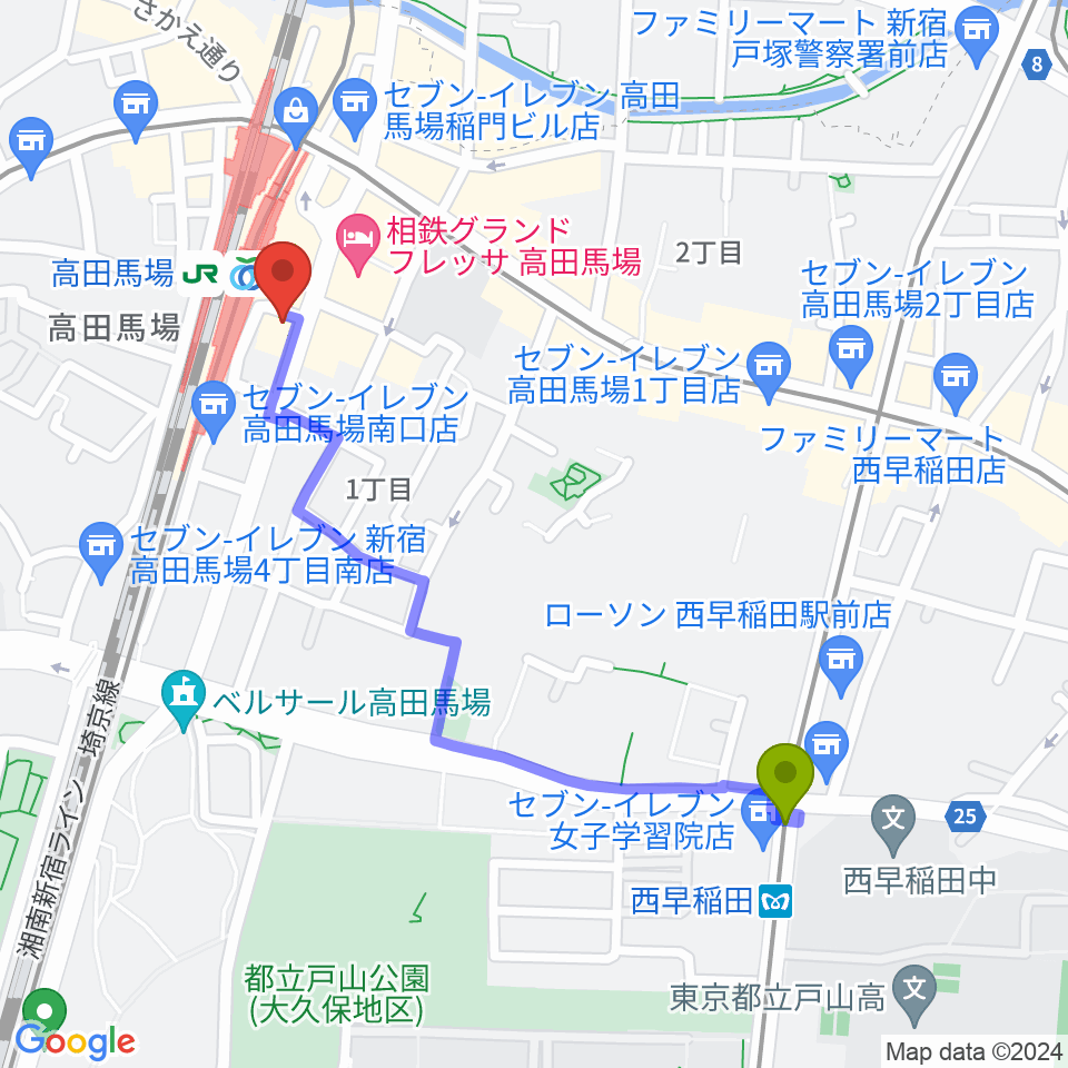 西早稲田駅からカナリアミュージックスタジオへのルートマップ地図