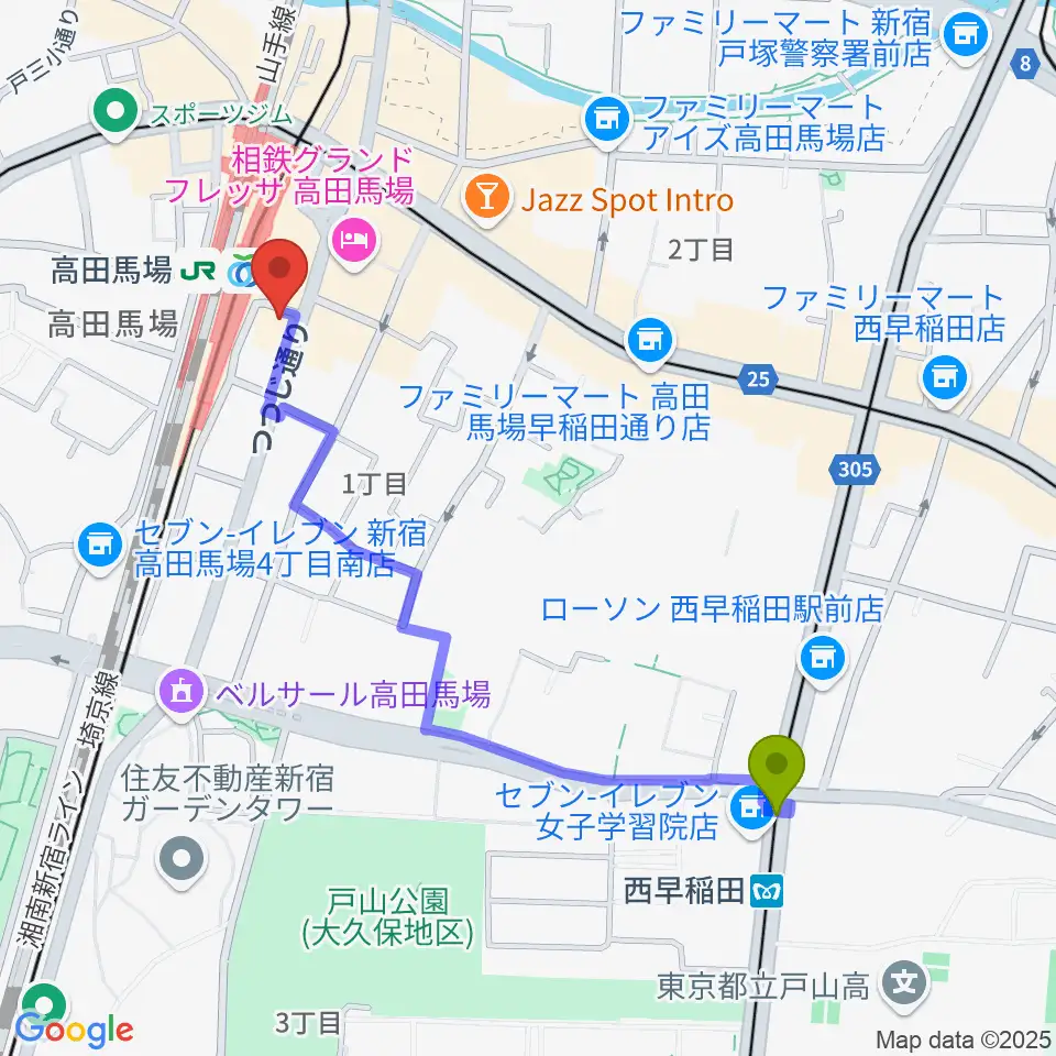 西早稲田駅からカナリアミュージックスタジオへのルートマップ地図