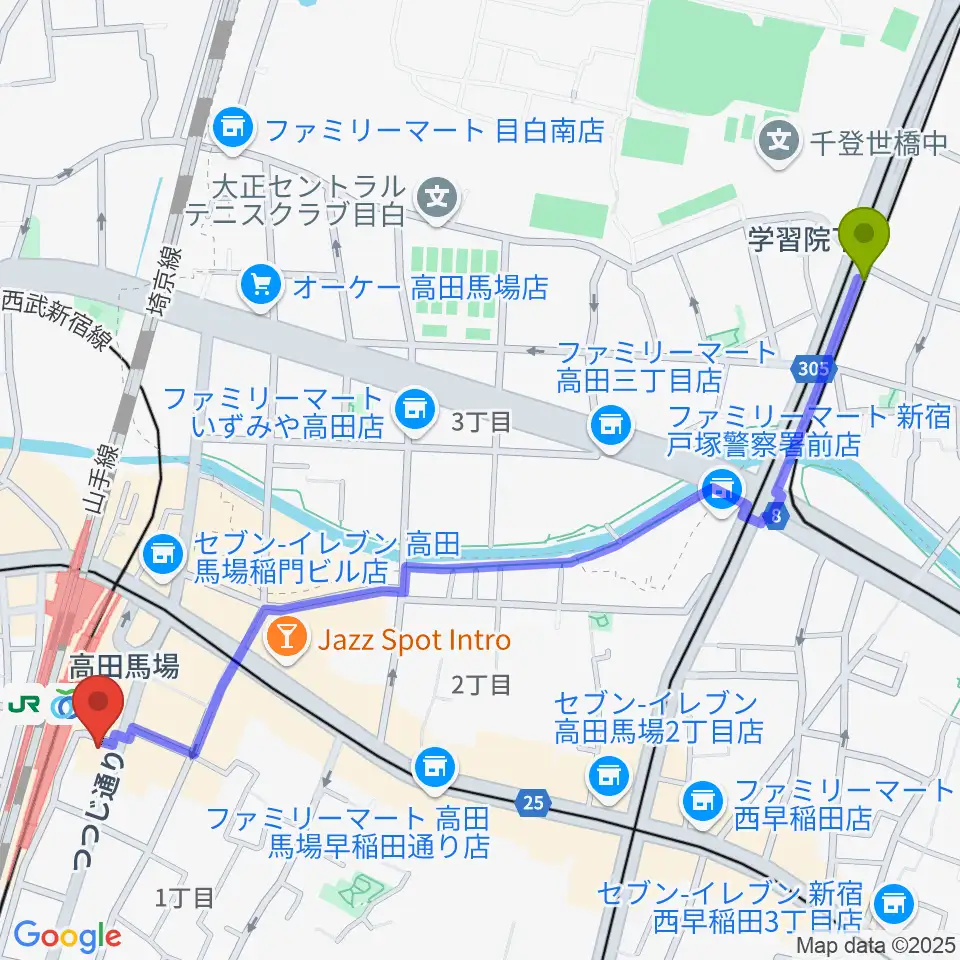 学習院下駅からカナリアミュージックスタジオへのルートマップ地図