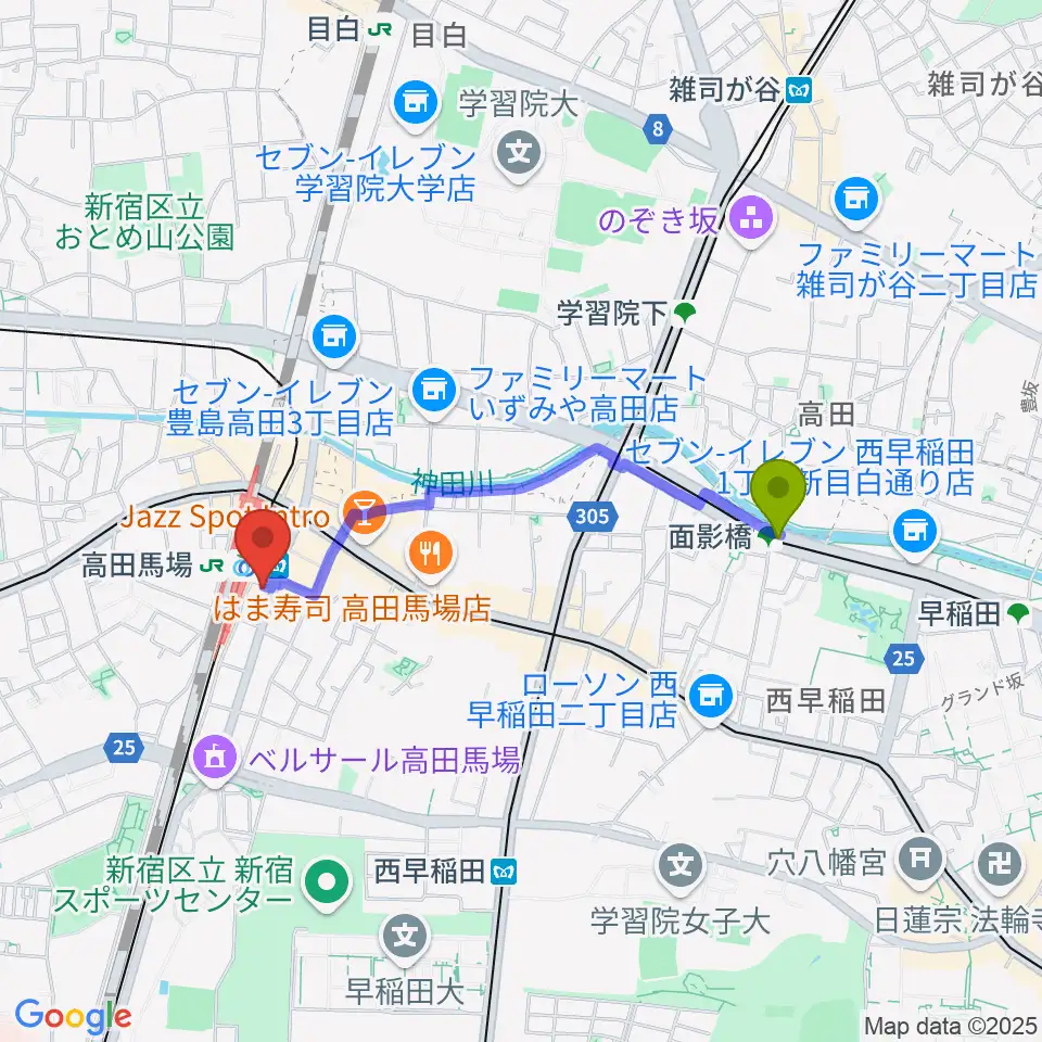 面影橋駅からカナリアミュージックスタジオへのルートマップ地図