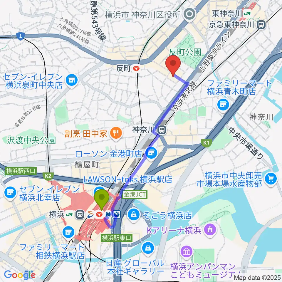 横浜駅からSTUDIO楽 横浜反町店へのルートマップ地図