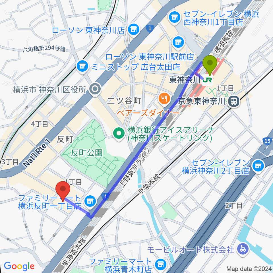 東神奈川駅からSTUDIO楽 横浜反町店へのルートマップ地図