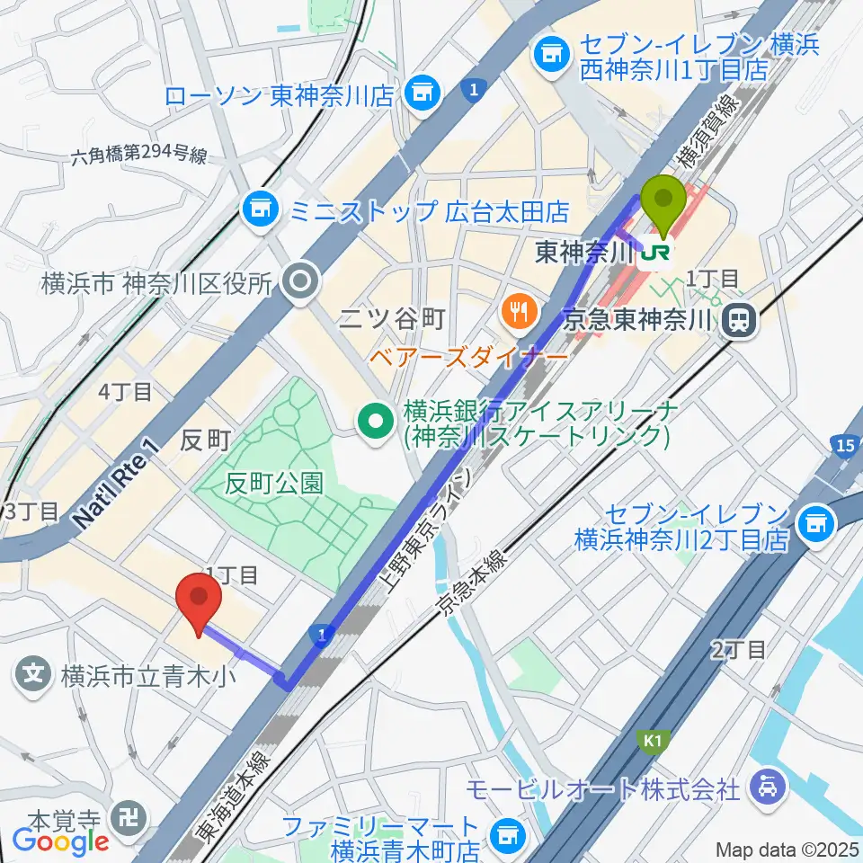 東神奈川駅からSTUDIO楽 横浜反町店へのルートマップ地図