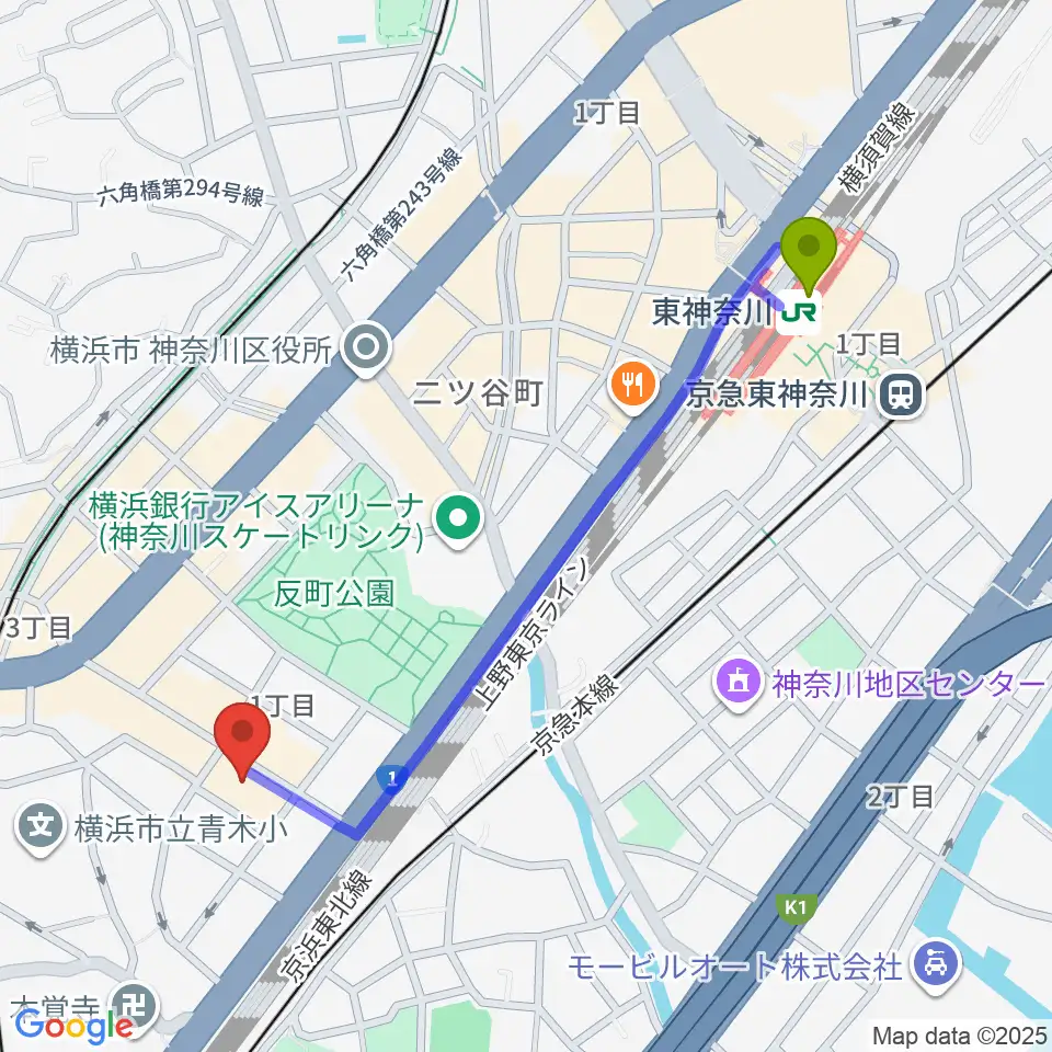 東神奈川駅からSTUDIO楽 横浜反町店へのルートマップ地図