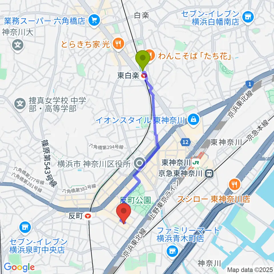 東白楽駅からSTUDIO楽 横浜反町店へのルートマップ地図