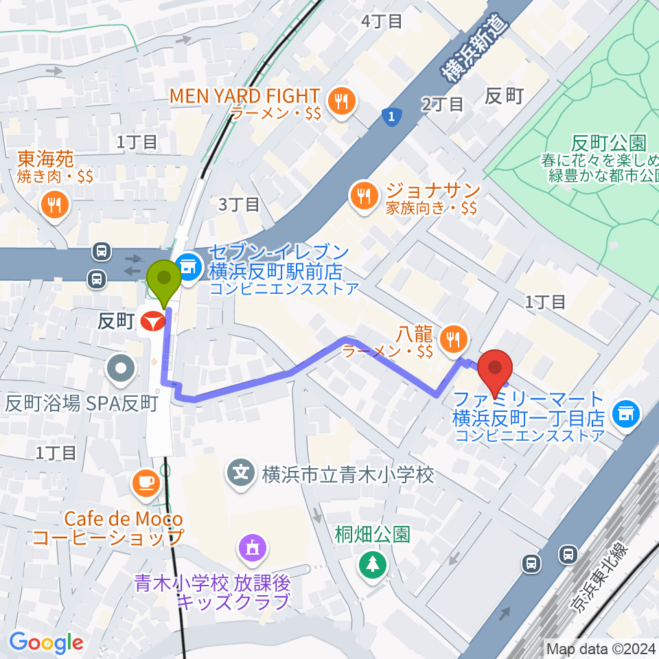 STUDIO楽 横浜反町店の最寄駅反町駅からの徒歩ルート（約4分）地図